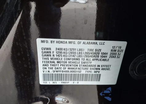 2020 Honda Passport Awd Elite из США, поврежденный, VIN 5FNYF8H00LB003152